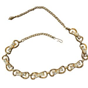 Gold Tone Pearl & Rhinestone Choker Necklace